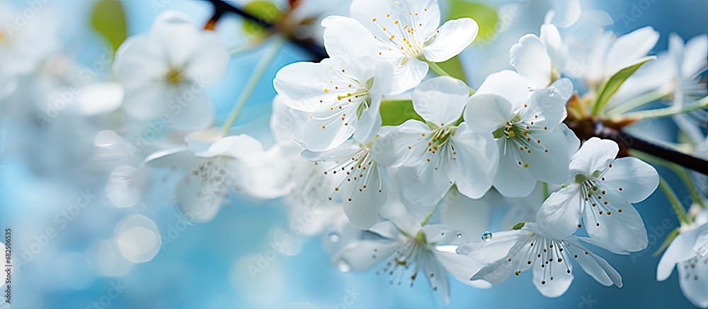 In the macro lens, a leaf stands out, its abstract pattern resembling a flower, framed by the vibrant sky and surrounded by the beauty of nature—a blooming tree in the midst of spring, illuminated