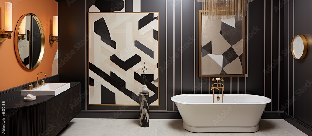 Intrigued by abstract art and geometric design, the fashion-forward homeowner adorned their bathroom walls with a modern and creative wallpaper, featuring a digital illustration that showcased a