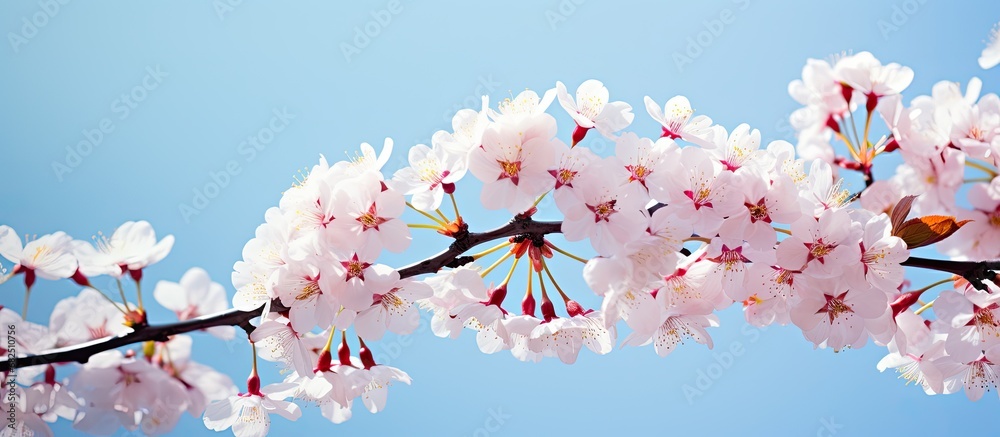 In the garden, under a clear blue sky of the beautiful spring season, a white cherry blossom tree extends its branches, displaying a stunning display of pink floral blossoms, adding a touch of natural