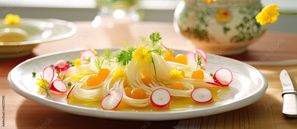 In a still life arrangement, a white porcelain dishware adorned with vibrant yellow radish pickled in Japanese tsukemono style added a gourmet touch to the table setting, showcasing the beauty of this