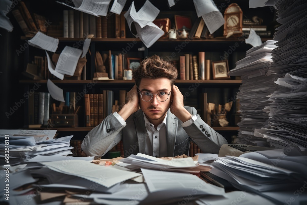 Stressed business owner in workplace, Paper and other stuff with multiple sources of communications coming in, miscommunication, Entangled, Cluttered.