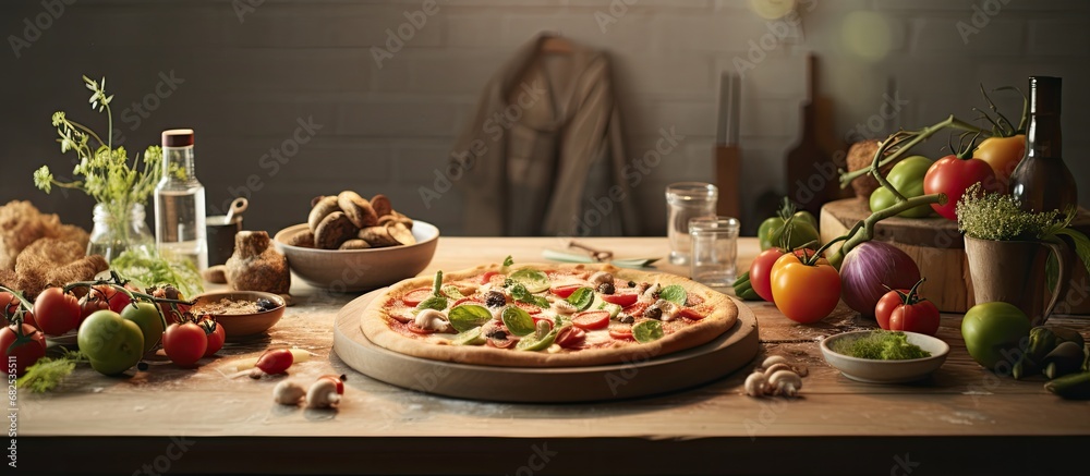 In the cozy home kitchen, a white table stood adorned with a mouthwatering pizza, fresh vegetables, and succulent meat, all cooked to perfection. The wooden board displayed the healthy Chinese cuisine