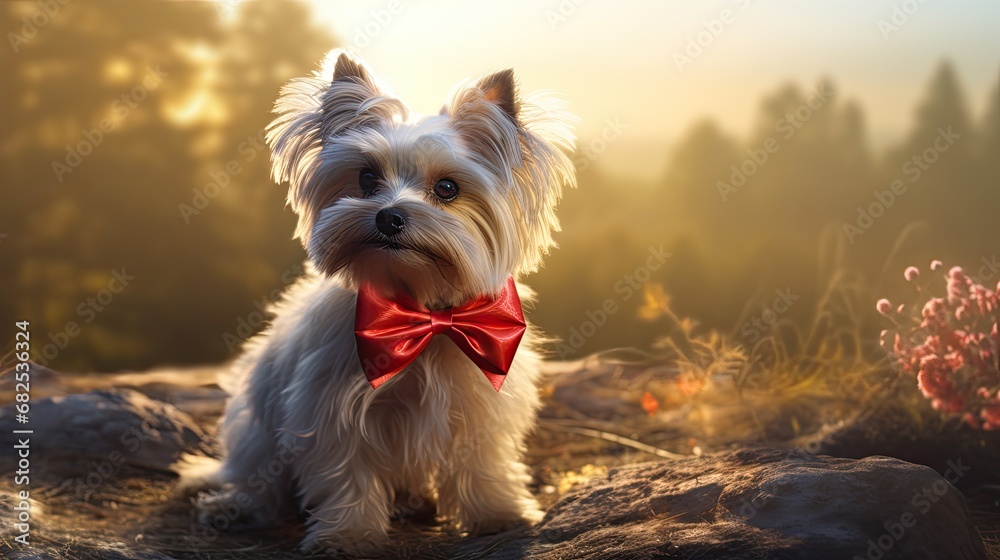 The young dog with a red bow in its hair looked absolutely adorable, its silver fur shining in the sunlight, a beautiful mammal that exuded domestic bliss and showcased the beauty of canines.