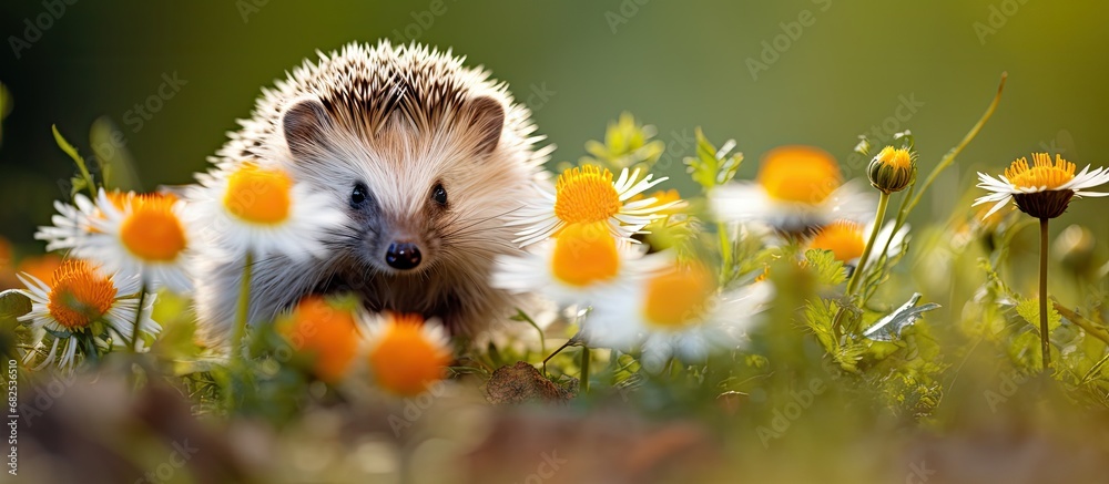 In a farm, a cute guinea pig with yellow fur and curious eyes rests on the green grass, its adorable portrait adorned by a flower. Funny and sleepy, this small mammal is a beloved pet.