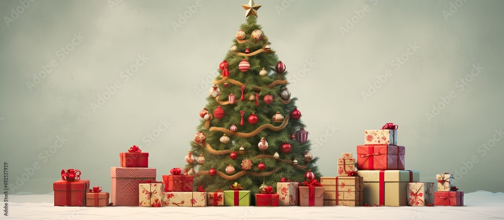 In the vintage 3D illustration, a beautifully adorned Christmas tree stands tall, surrounded by colorful gift boxes, exuding a sense of luxury and celebration for both the holiday and Valentines Day