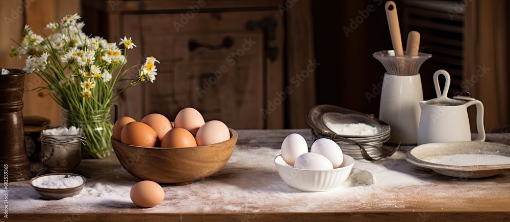 In the rustic wooden kitchen, a white table showcased the natural beauty of organic ingredients: eggs, sugar, and wooden spoons. The bakerys focus on health emphasized the importance of using natural