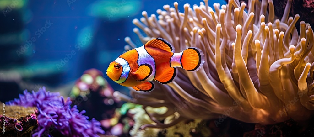 In the beautiful tropical aquarium, a colorful clownfish with vibrant orange hues and a distinct crown pattern swims gracefully among the coral reef, finding protection within the saltwater anemone, a