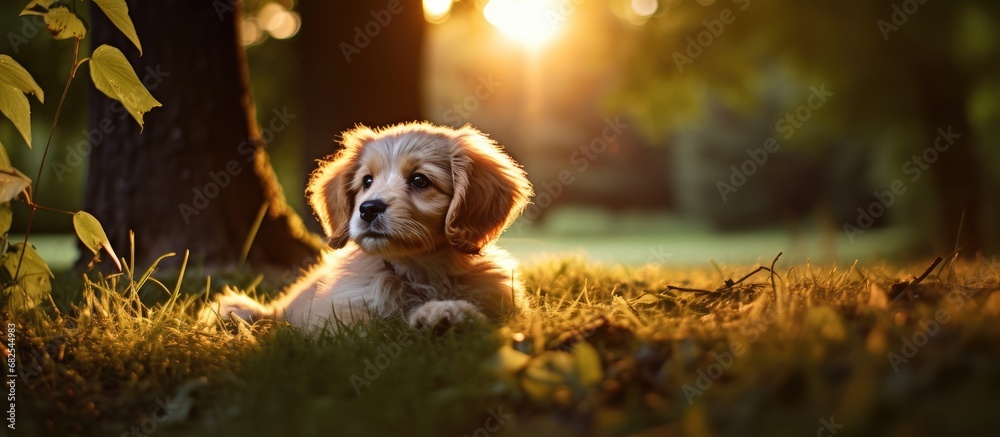 In the serene park, under the vibrant green canopy and amidst the calming embrace of nature, one could admire the majestic sunset casting a warm glow on the adorable portrait of a young, beautiful