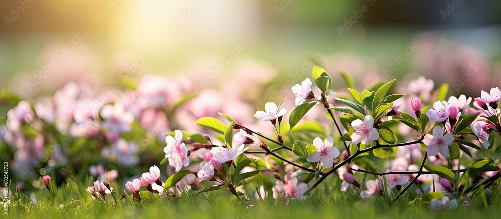 In the springtime, the lush green grass glistens under the sun, its texture soft and inviting, as if it were a perfect natural carpet. The pink blossoms on the plants add a delightful touch of color