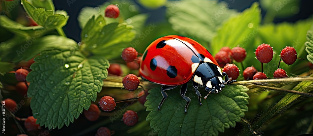 In the summer, amidst the vibrant hues of nature, a garden filled with lush green plants creates a beautiful backdrop for an up-close macro view of insects, including a vividly colored ladybug