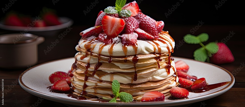 In the gourmet cuisine, a delicious crepe cake paved with layers of sweet cream and fresh strawberries was skillfully cooked and decorated, becoming a standout dessert on the menu for those seeking a