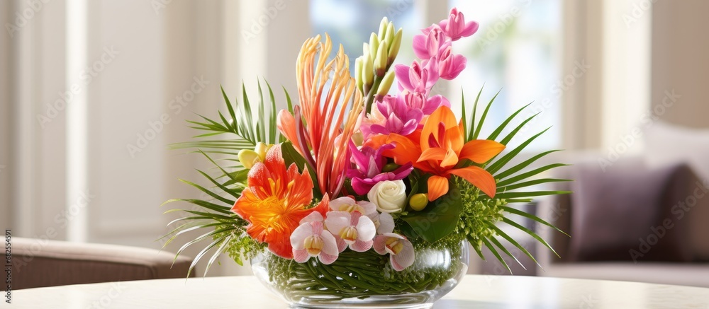 In the tranquil ambiance of a tropical spa, a vibrant arrangement of flowers adds a pop of color and texture to the serene design, while the essence of nature embraced by spring rejuvenates both