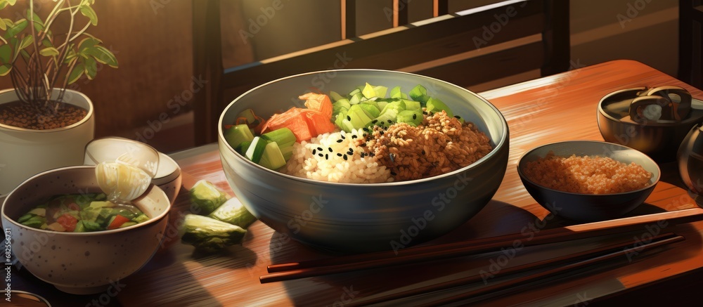 In a quaint Japanese home, a gourmet dinner is being prepared with care, blending the rich flavors of Asian cuisine - succulent chicken, fresh vegetables, and nourishing rice - resulting in a healthy