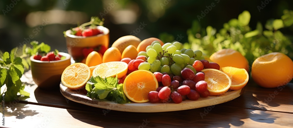 On a sunny summer day, a bountiful table was set with fresh and vibrant spring leaves, an assortment of colorful fruits like orange slices and grapes. The plate showcased a healthy food masterpiece