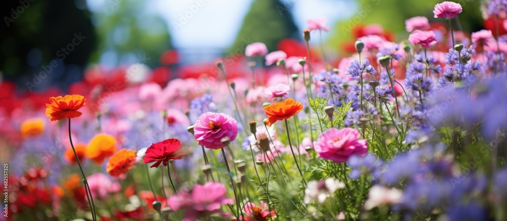 In the vibrant summer garden, amidst the lush green leaves, a plethora of colorful flowers bloomed, showcasing the natural beauty of the floral paradise in their hues of red, pink, and other