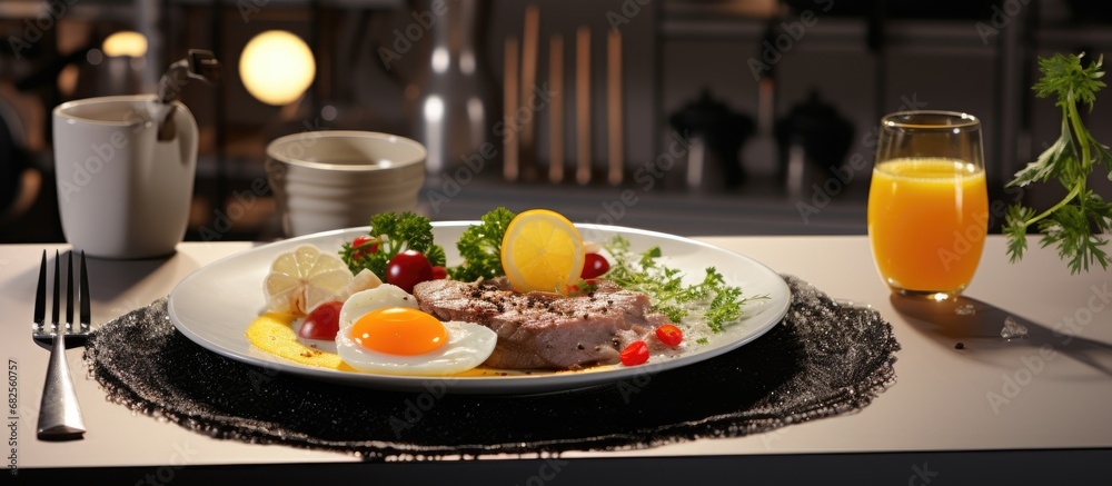 In the black and white kitchen, the chef prepared a healthy breakfast dish consisting of a baked yellow egg, roasted meat, and fried bread, a protein-rich meal for the food enthusiasts.