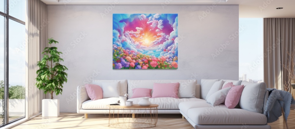 As the abstract painting hung on the wall, the sky on a summer day burst with natures vibrant colors - the light danced among white clouds, showcasing the beauty of the blue and pink hues. The