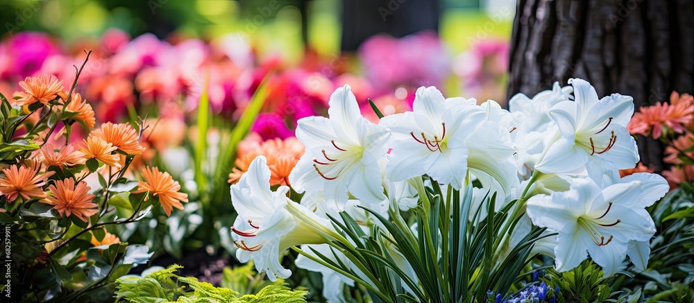 In the midst of a vibrant and colorful garden, the white floral beauty of the summer flowers captivates the eyes of onlookers, adding a touch of natures charm to the lush greenery.