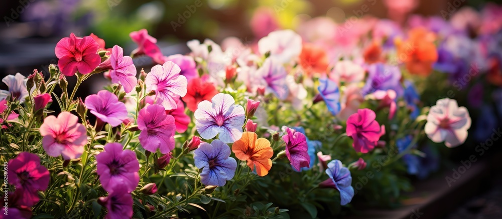 In the vibrant garden, a beautiful floral paradise unfolds with an array of colorful petals adorning the blooming petunias, showcasing the natural beauty of spring.