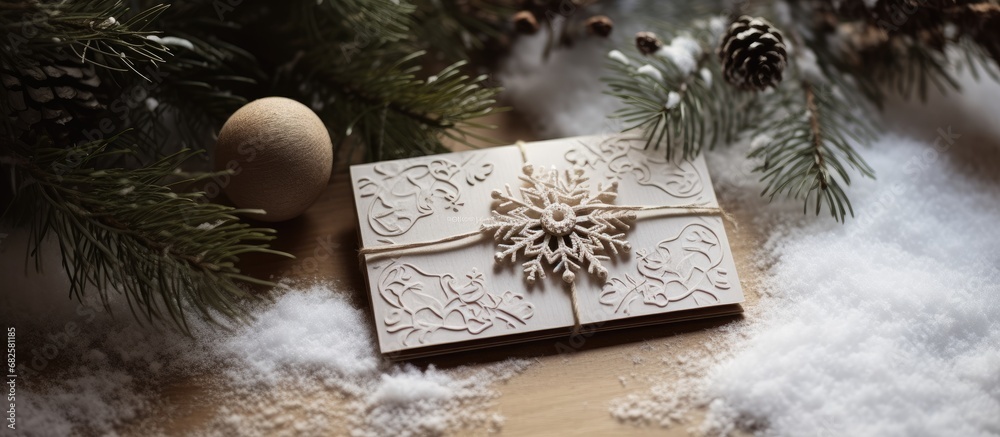 In the midst of a wintry Christmas landscape, a vintage white snowflake ornament adorned an ornate wooden postcard, becoming the perfect card idea for a nostalgic decoration.