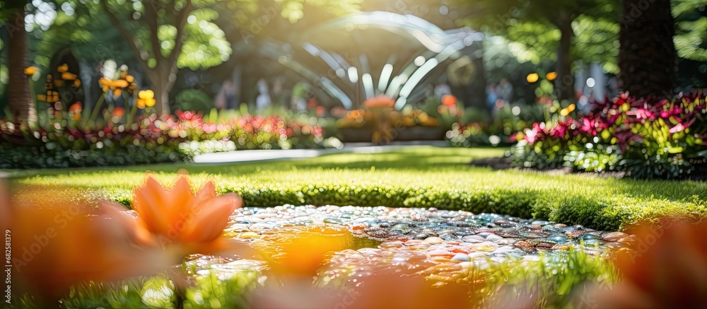 In the abstract design of the garden, vibrant orange flowers transformed the park into a colorful oasis, capturing the essence of summer and spring with bokeh lights shining on the natural plants