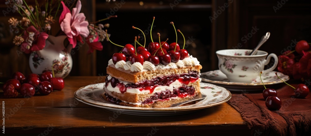 In the vintage bakery, a delectable fruit cake topped with juicy red cherries was placed on a white plate, elegantly adorning the wooden table, enticing customers with its autumnal charm; a gourmet