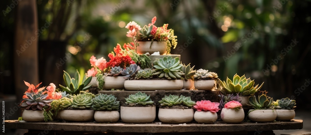 In the midst of a lush floral garden, vibrant green leaves created a beautiful texture, intermingled with colorful blooms, depicting a picturesque wedding scene. Amongst the natural setting