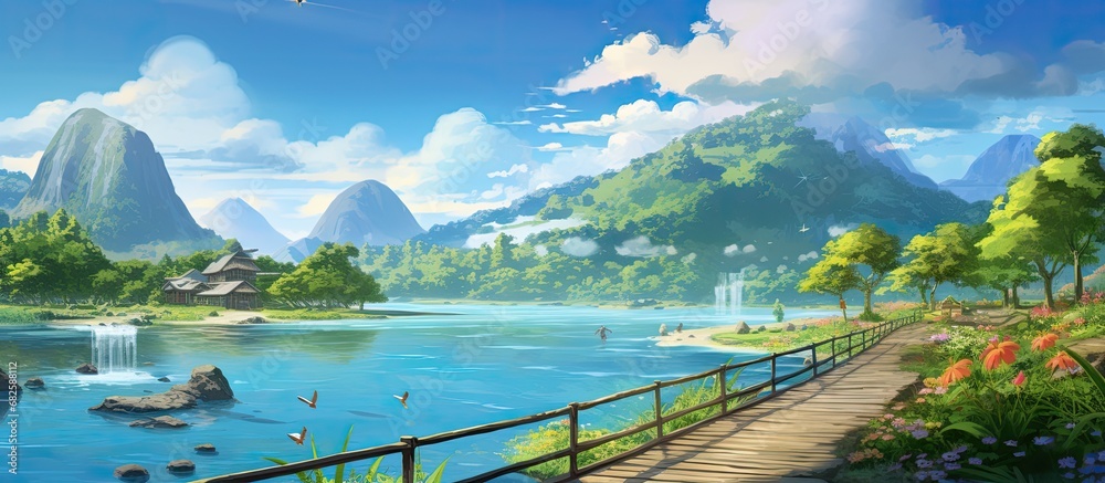 Against the backdrop of a vibrant blue sky, a picturesque landscape of lush greenery, colorful modern boardwalks adorn the beautiful river shore, enchanting tourists with its water, wood, and summer