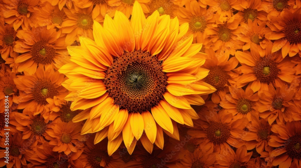 In the warmth of summer, a sunflower blossomed in the garden, radiating a vibrant and beautiful orange color that complemented the natural beauty of the surrounding nature. The intricate texture of