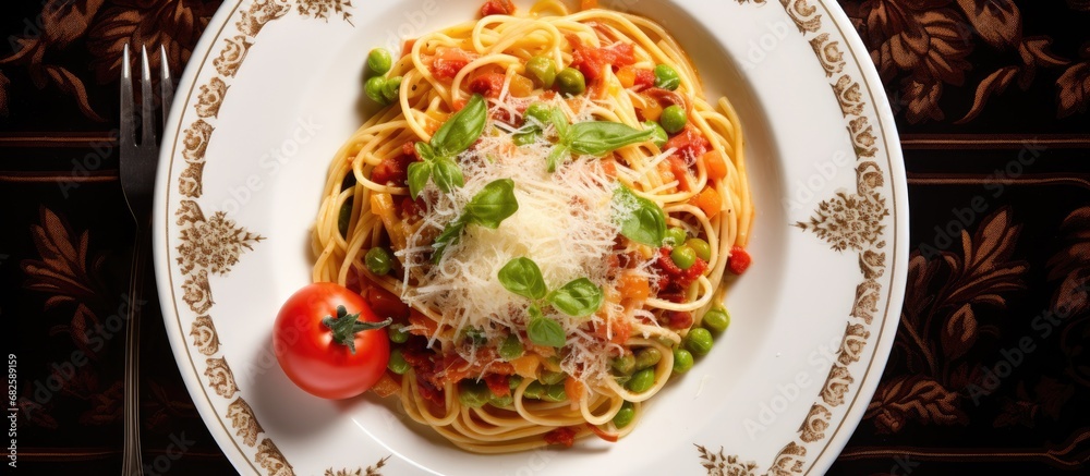 From a top view of the kitchen table in the restaurant, the plate showcased a colorful arrangement of healthy, green vegetables with tantalizing textures, complemented by the rich aroma of cooking