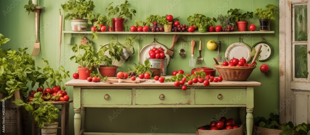 In the vintage kitchen, a wooden table adorned with fresh fruits of vivid red and vibrant green hues offered a feast for the eyes, evoking the essence of a healthy and wholesome diet. The texture of