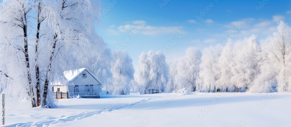 In the winter landscape, a stunning sight unfolds as the snow-covered forest reveals a tapestry of white and green, with old trees standing tall in a sea of tranquility, contrasting against the