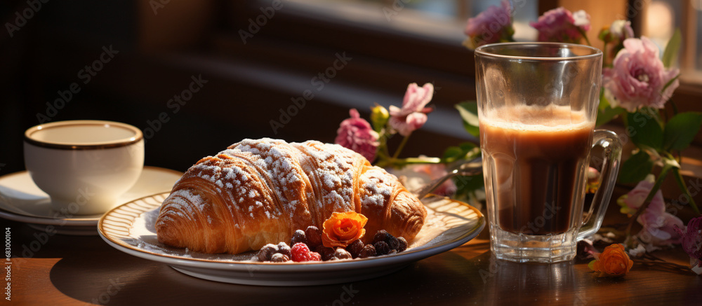 Irresistible breakfast with chocolate croissants, coffee and fresh flowers. Realistic details and immersive atmosphere captured in a bar table image.