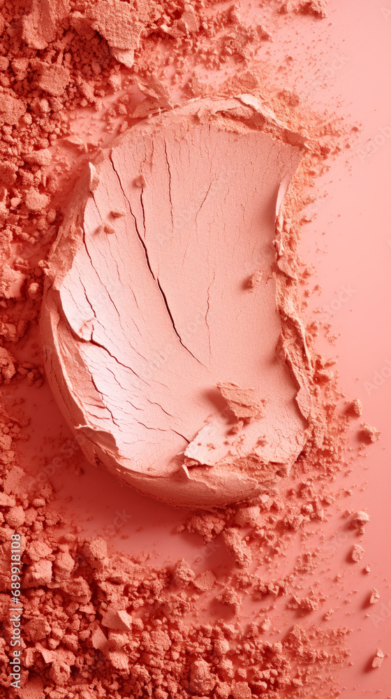 A close up of a piece of cake on a table. Monochrome peach fuzz background.