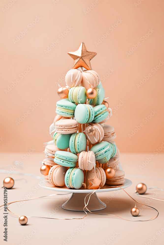 Peach Fuzz and mint pastel sweet macaroons arranged in a Christmas tree with a star on the top. Colo