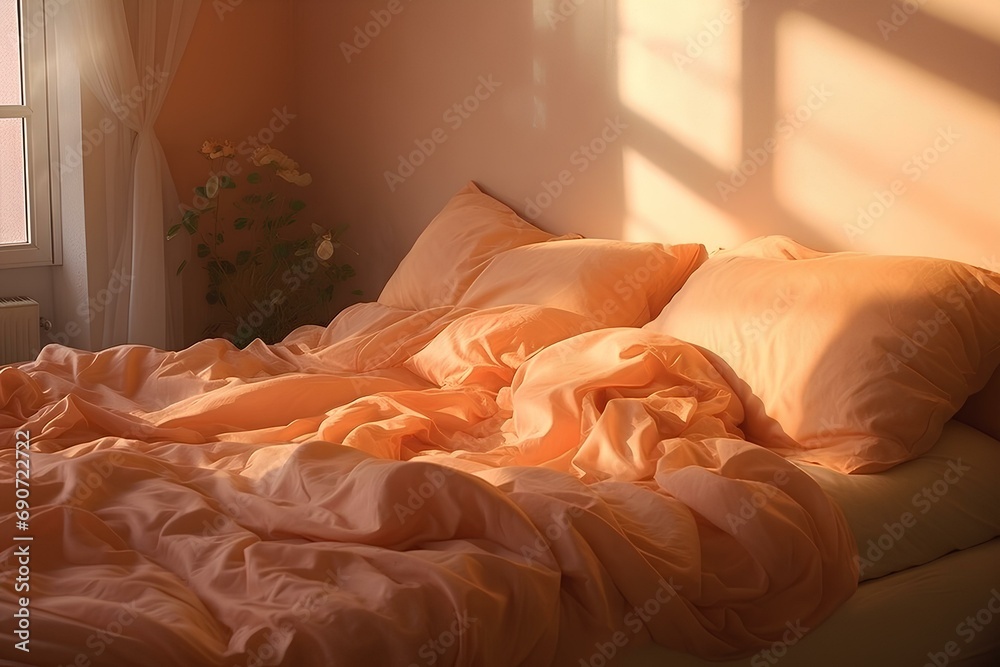 The bed with pillows is peach fuzz color.