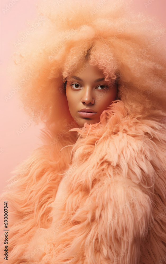 Portrait of a young Woman with Peach Fuzz Feathered Accessories